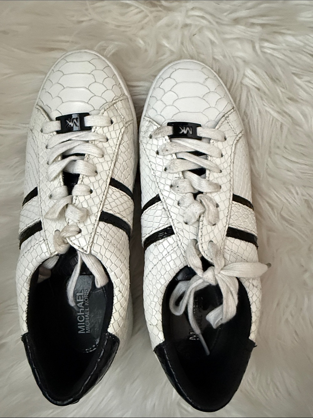Michael Kors White Snake-Embossed Sneakers with Black Accents